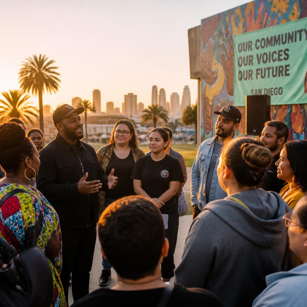 Diverse community members collaborating on a San Diego hillside at sunset